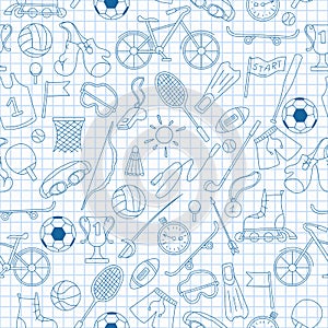 Seamless illustration on the theme of summer sports, simple blue contour icons on the clean writing-book sheet in a cage