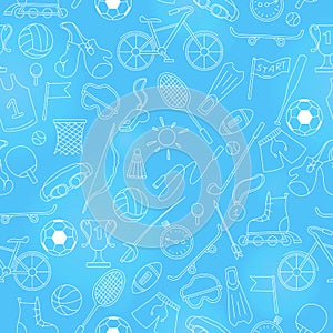 Seamless illustration on the theme of summer sports, simple icons bright outline on a blue background