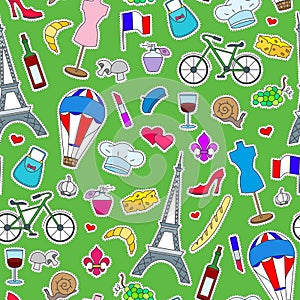 Seamless illustration on the theme of travel in the country of France, simple icons patches, the coloured symbols on a green backg