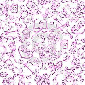 Seamless illustration on the theme of the Valentine`s Day holiday, pink contour icons on white background