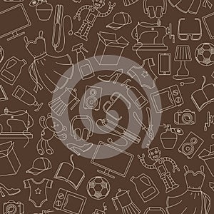 Seamless illustration on a variety of products and shopping, simple purchase icons, beige contours on a brown  background