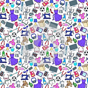 Seamless illustration with on a variety of products and shopping, simple purchase icons, color icons on a white background