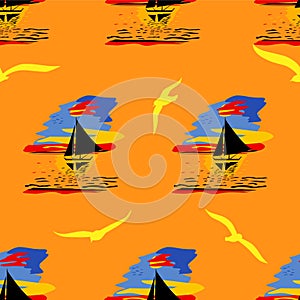 Seamless illustration with yachts or sailboats, seagulls and orange waves. Landscape with sea or ocean.