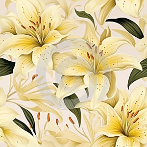 Seamless Illustration Of Yellow Lilies On Beige Background photo