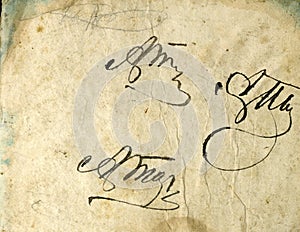 Seamless image of old yellowed sheet of paper with dark spots and a facsimile of the inscription.