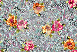 Seamless Indian paisley motif background with flower