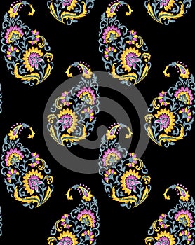Seamless Indian paisley pattern with black background
