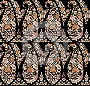 Seamless Indian paisley pattern with black background