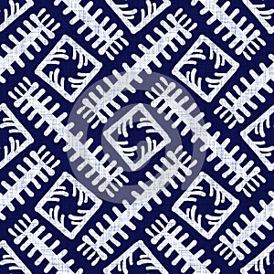 Seamless indigo geometric texture. Navy blue woven geo shape cotton dyed effect background. Japanese repeat batik resist