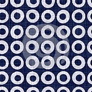 Seamless indigo polka dot texture. Blue woven boro cotton dyed effect background. Japanese repeat batik resist pattern