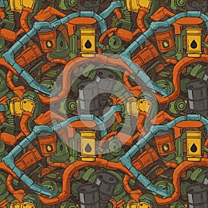 Seamless industrial pattern featuring a variety of colorful mechanical elements.