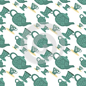 Seamless isolated pattern with green pastel tea ceremony silhouettes. Cups and teapots on white background