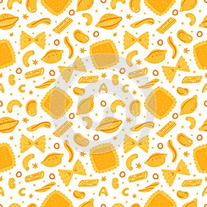 Seamless Italian pasta pattern. Traditional cuisine food ingredients. Flour products. Ravioli and cellentani. Different