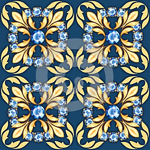 Seamless jewelry pattern with blue gems