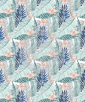Seamless jungle pattern with banana leaves and pink tropical flowers in three green tones