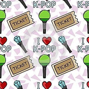 Seamless K-Pop concert fan lightstick and ticket vector pattern with geometric background