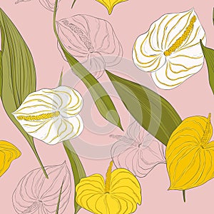 Seamless kala pattern with light yellow and white lily flowers and green long leaves on pink background.Modern calla