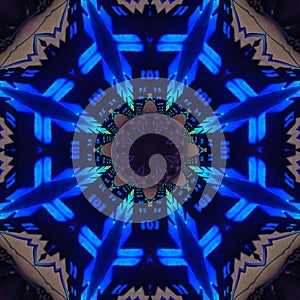 Seamless kaleidoscopic mandala. Light emitting diode Art Fabric. Neon blue Pattern. Kaleidoscope Art