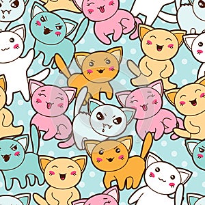 Seamless kawaii cartoon pattern with cute cats photo
