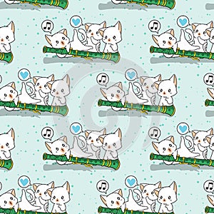 Seamless kawaii cat characters with a flute pattern