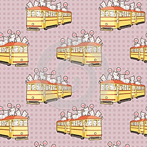 Seamless kawaii cat characters in the vintage tram pattern