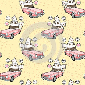 Seamless kawaii panda is driving a pink car with 2 cats pattern