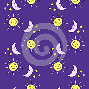 Seamless kids pattern with funny cartoon moon, sun, stars.