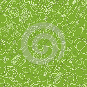 Seamless kitchen pattern with vegetables on green background