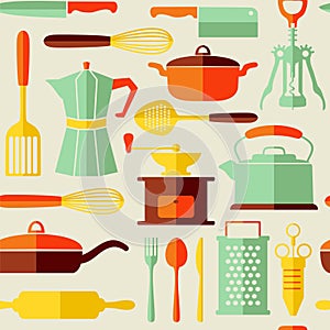 Seamless kitchen vector background with flat style icons