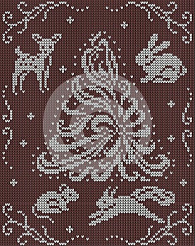 Seamless knitted background - christmas tree, rabbit, squirrel, mouse, deer.