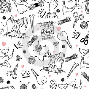 Seamless knitting and embroidery pattern. Sewing elements, threads and knitting needles, scissors and needles, hands