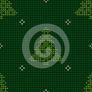 Seamless knitting pattern with green trees on green background. Save with Clipping Mask