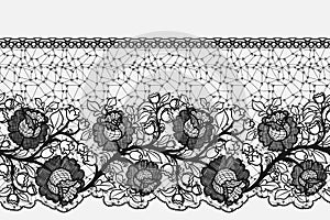 Seamless Lace band with roses. Openwork of black flowers with lacy mesh on white background.