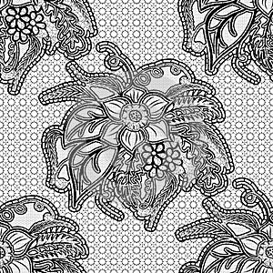 Seamless lace fabric. Black floral openwork pattern on a gray background.