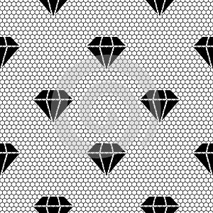 Seamless lace fabric pattern. Black mesh with a diamond on a white background.