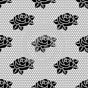 Seamless lace fabric pattern. Black mesh with a rose flower on a white background.