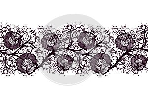 Seamless Lace ribbon with roses. Tracery of black flowers on a white background.