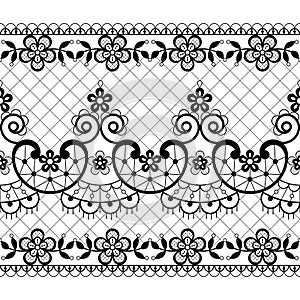 Seamless lace vector pattern - retro weddin style, ornamental repetitive design with flowers and swirls in black on white backgrou