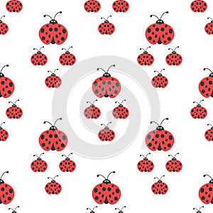 Seamless ladybug family walking ornament. red and black Ladybugs on white background