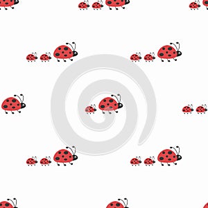 Seamless ladybug family walking ornament. red and black Ladybugs on white background