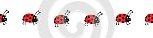 Seamless ladybug vector border. Flat red Ladybugs on white horizontal repeating pattern. Cute summer bug animal kids background