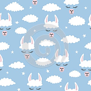 Seamless lama pattern. Vector blue background with alpaca and clouds photo