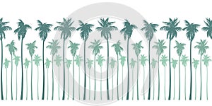 Seamless landscape pattern with green silhouettes of palm trees