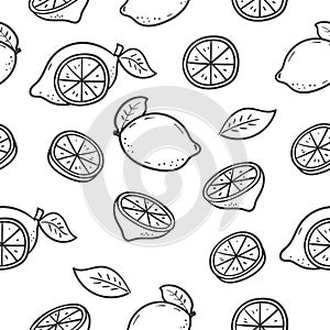 Seamless lemon doodle pattern with a black and white color