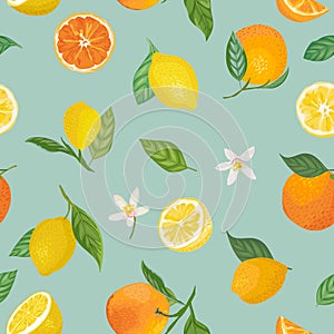 Seamless Lemon and Orange pattern with tropic fruits, leaves, flowers background. Hand drawn illustration summer cover