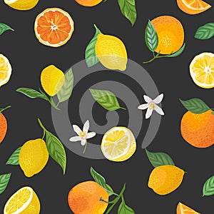 Seamless Lemon and Orange pattern with tropic fruits, leaves, flowers background. Hand drawn illustration summer cover