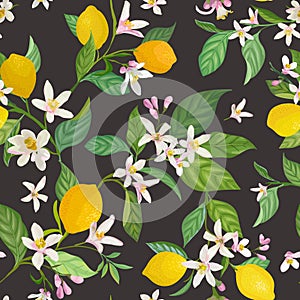 Seamless Lemon pattern with tropic fruits, leaves, flowers background. Hand drawn illustration in watercolor style for summer