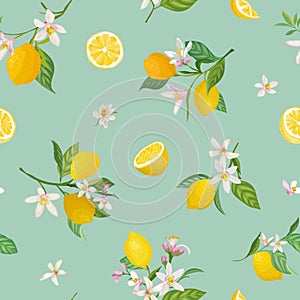 Seamless Lemon pattern with tropic fruits, leaves, flowers background. Hand drawn illustration in watercolor style for summer