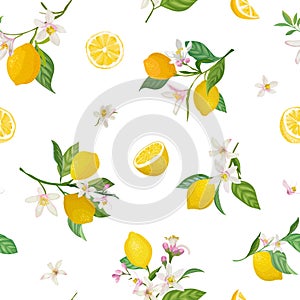 Seamless Lemon pattern with tropic fruits, leaves, flowers background. Hand drawn illustration in watercolor style for summer