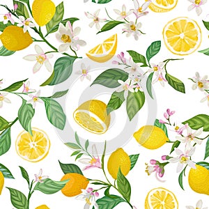 Seamless Lemon pattern with tropic fruits, leaves, flowers background. Hand drawn illustration in watercolor style for summer